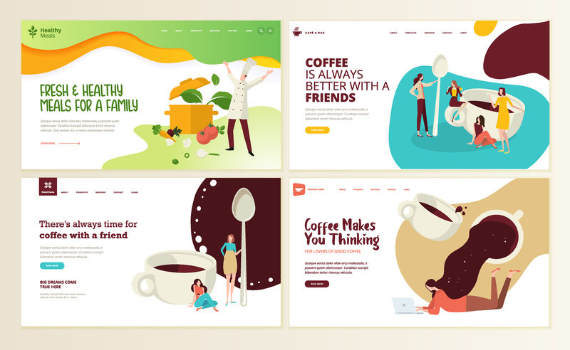 咖啡、咖啡吧、咖啡厅、餐厅、健康食品和饮料、食品递送的网页设计模板集-网站和移动网站开发的矢量图概念