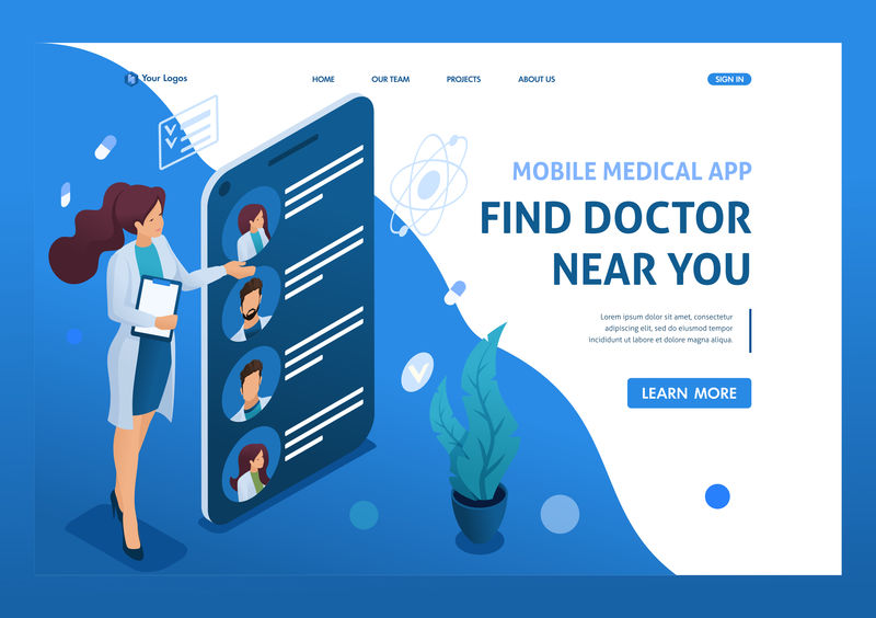 移动应用程序搜索附近的医生与你-医疗保健理念-三维等距-网页概念与网页设计