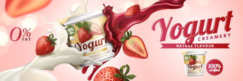 草莓酸奶广告-牛奶和果酱在粉红色的背景下飞溅在空中