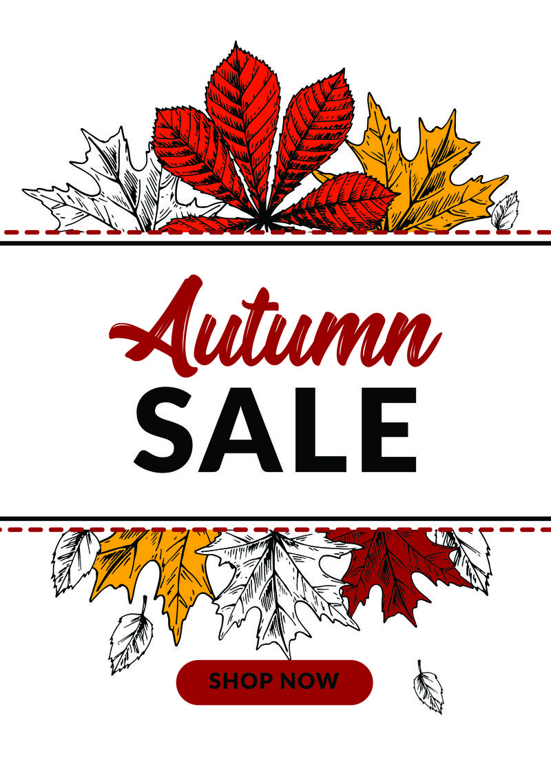 手工绘制的秋天销售横幅与美丽的树叶。垂直au