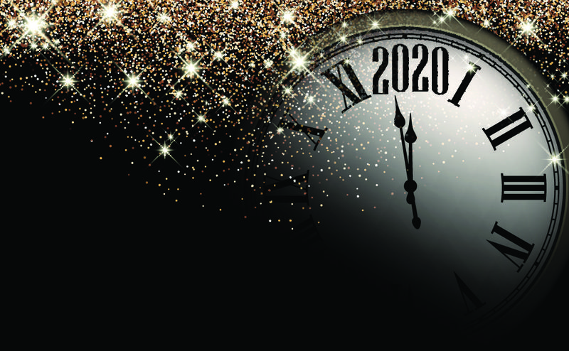 黑色和金色闪亮的2020新年背景和时钟-漂亮的圣诞贺卡-矢量图解