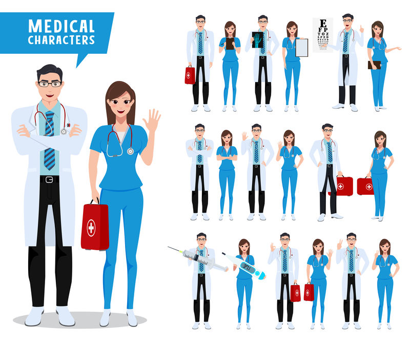 医生和护士矢量字符集-以白色隔离的各种姿势呈现的医疗保健人物-矢量图解