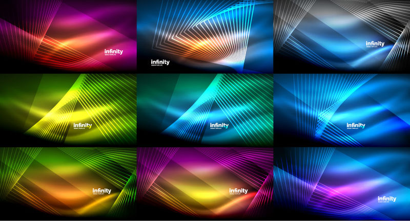 超大的抽象霓虹背景集合-在黑暗中闪耀着闪亮的线条-技术数字抽象空间光背景-矢量图示