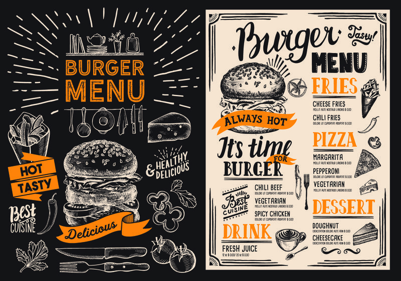 汉堡餐厅菜单。黑板背景上的食物传单