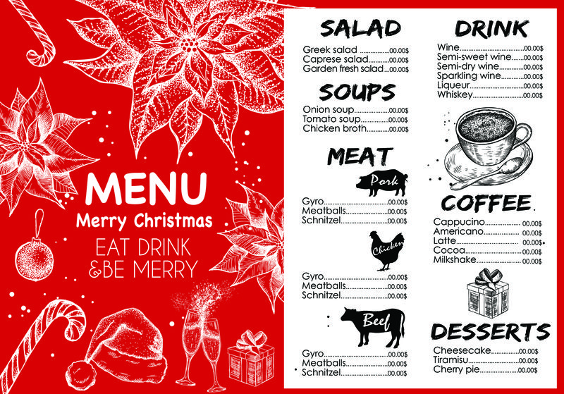 圣诞餐厅小册子-菜单模板-矢量假日背景和设计横幅-新年快乐的圣诞舞会用手工绘制的圣诞图形