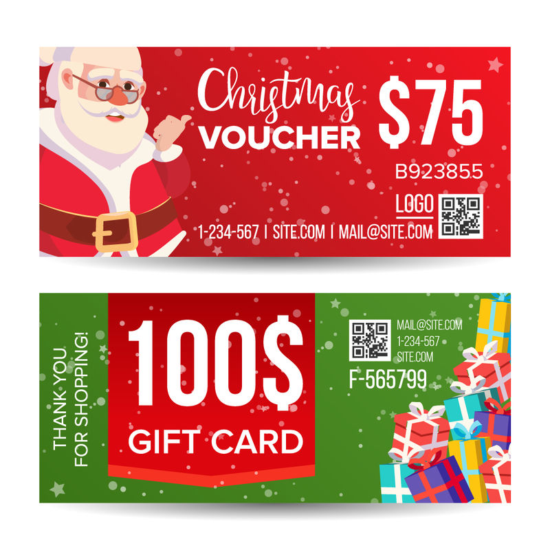 优惠券模板-提供水平传单-圣诞快乐-新年快乐-圣诞老人和礼物-促销广告-免费赠送插画