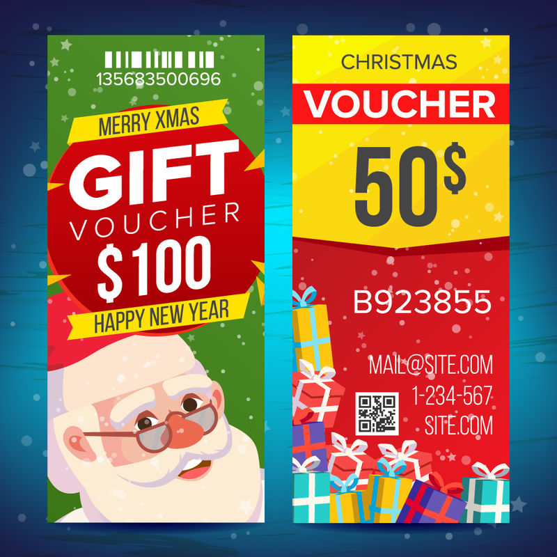 优惠券模板-提供垂直传单-圣诞快乐-新年快乐-圣诞老人和礼物-促销广告-免费赠送插画
