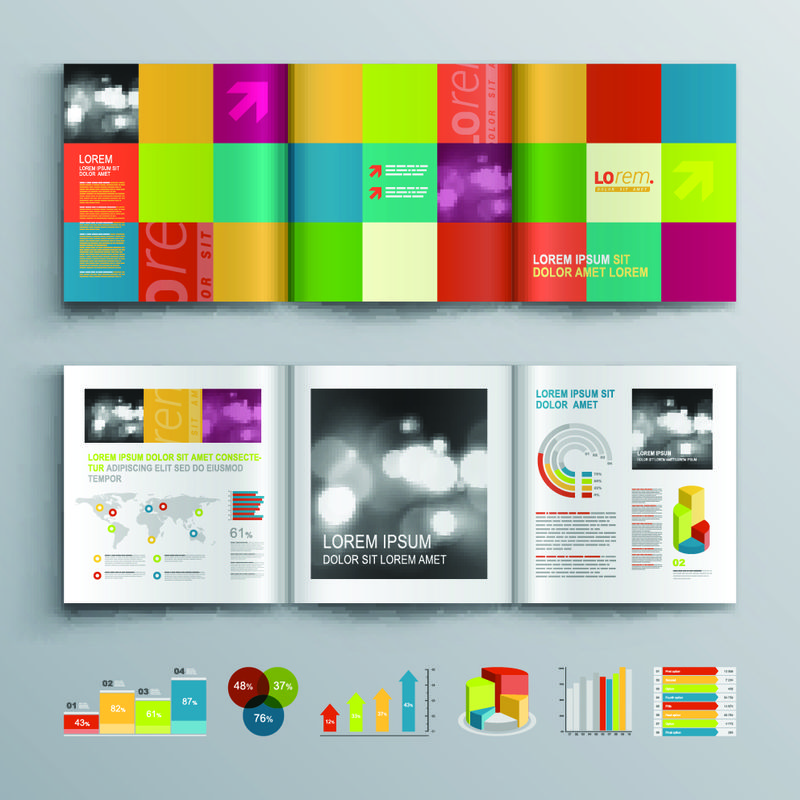 创意小册子模板设计与彩色形状-封面布局和信息图形