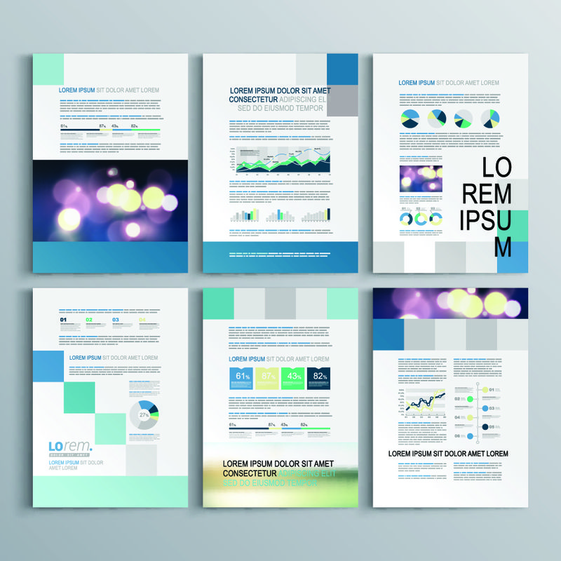 蓝色小册子模板设计-彩色方形-封面布局和信息图形