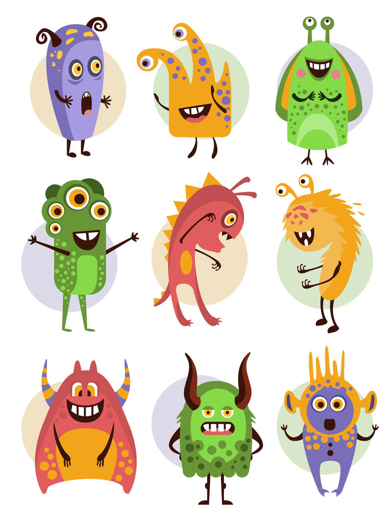 色彩斑斓的情感卡通怪物，矢量插图集