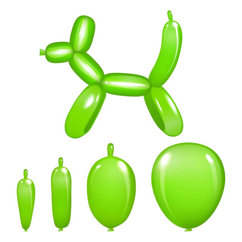 一个白色背景的气球上的绿狗玩具。3d插图。矢量