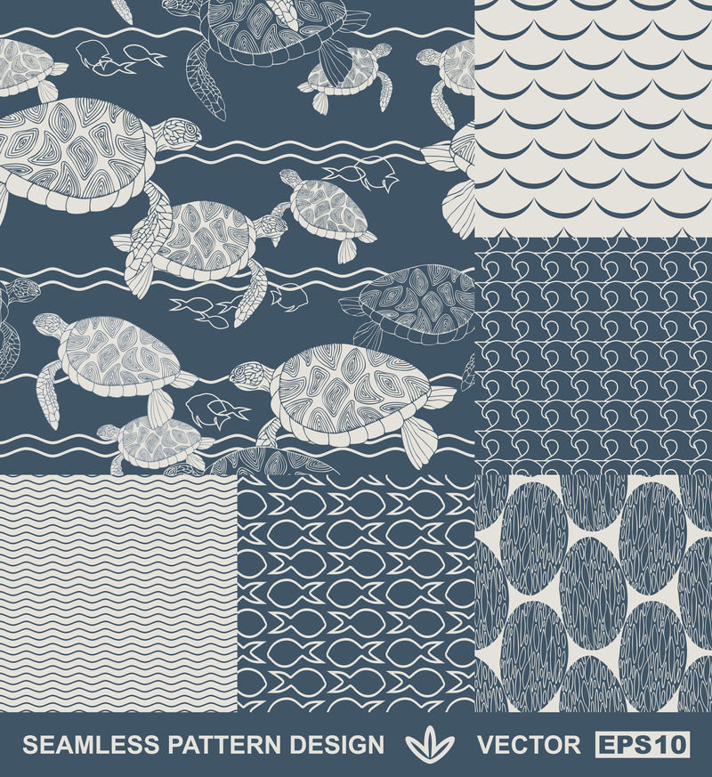 抽象海洋背景-海洋和海滩主题-时尚复古无缝图案-单色矢量壁纸-美丽的复古面料-蓝色包装；海龟-鱼几何装饰设计