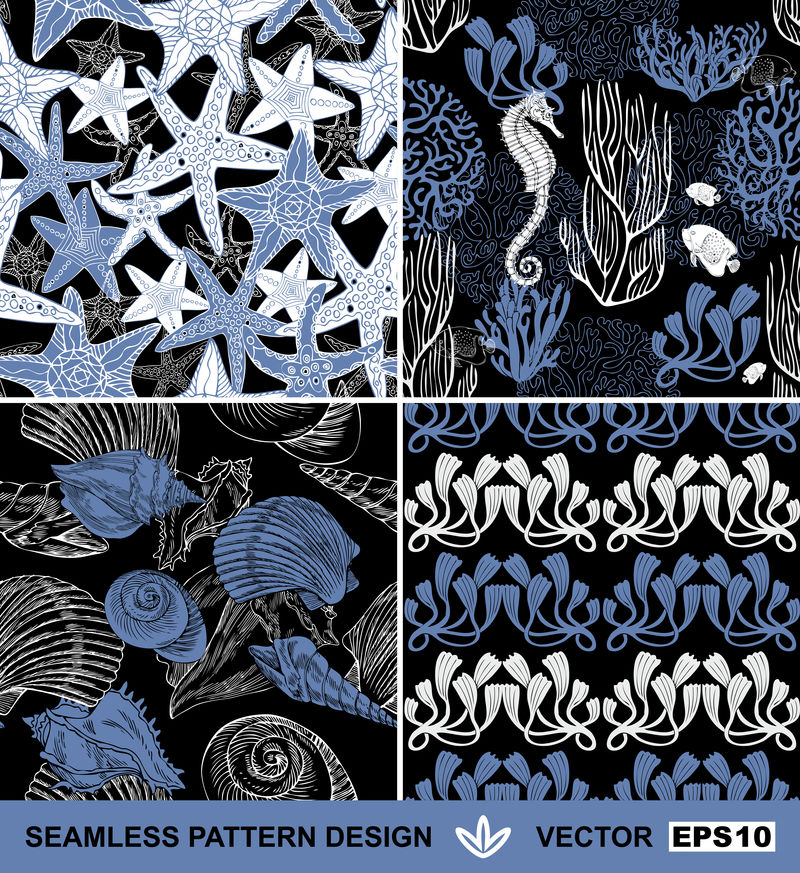 水下抽象背景设置-海洋主题时尚无缝图案-美丽的矢量壁纸-异国情调的面料-用海马、贝壳、海星和珊瑚装饰物包裹设计