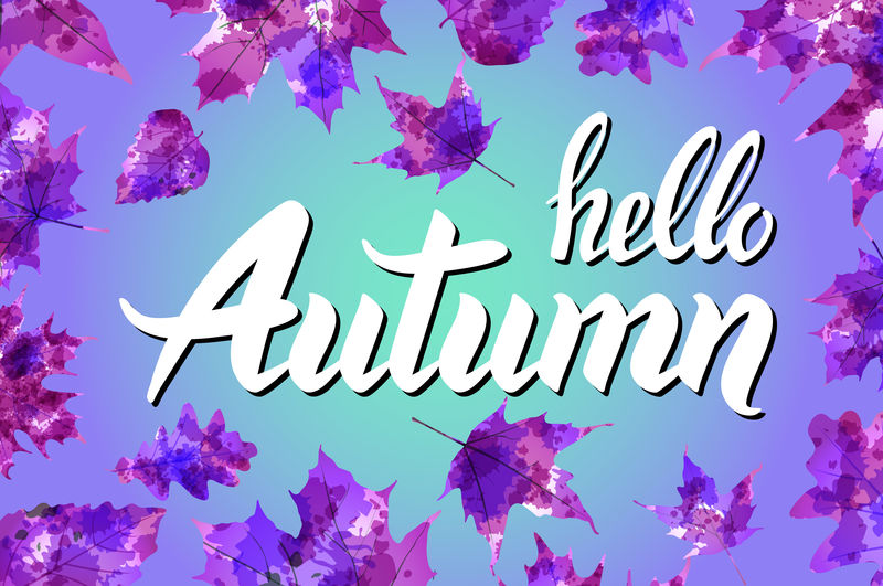 凉爽清新的蓝色Hello秋季设计，优雅的白色文字和橙色秋叶串在渐变蓝色背景上，具有辉光效果，矢量插图