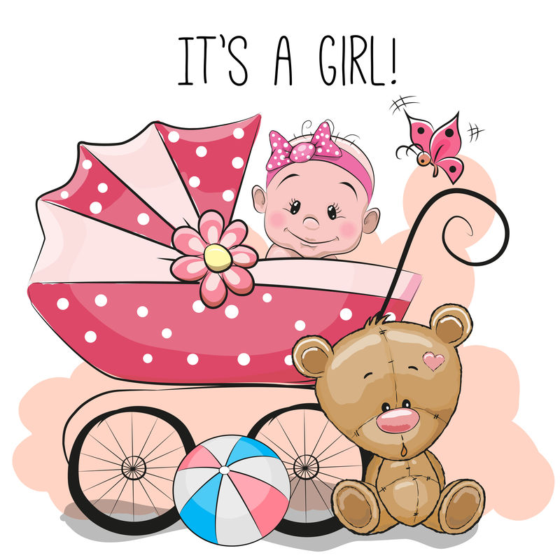 贺卡是一个带着婴儿车和泰迪熊的女孩
