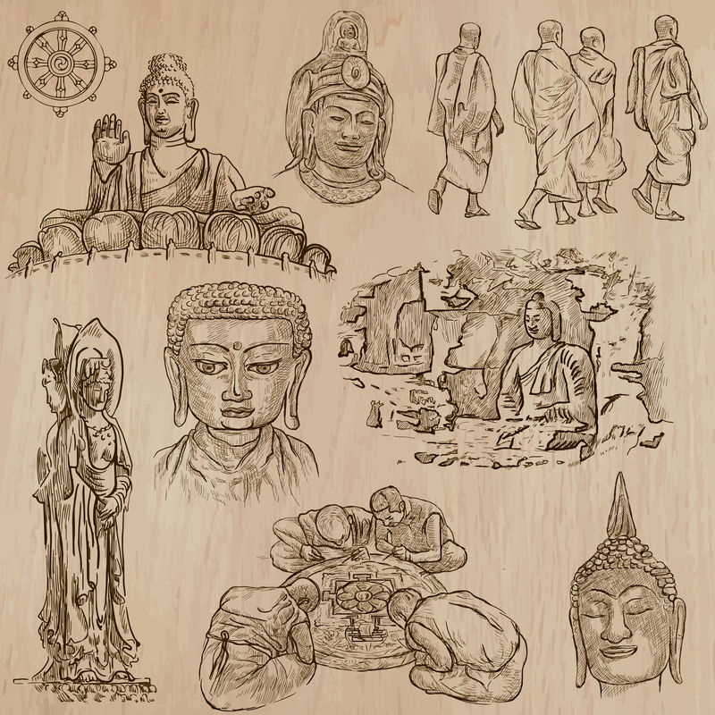 佛教-写意素描，矢量包