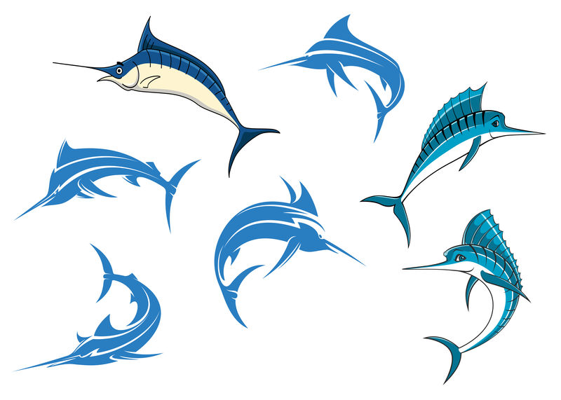 蓝色马林鱼或箭鱼卡通人物