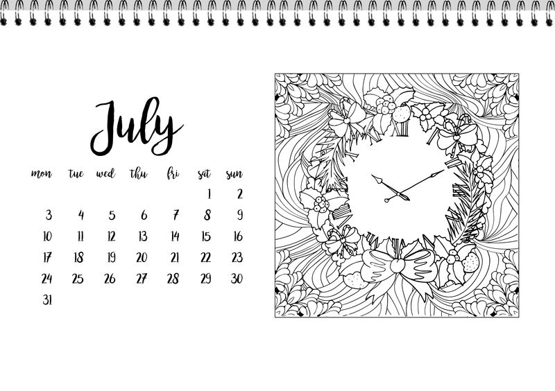 七月的桌面日历模板。星期一开始