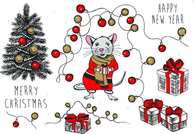 圣诞布景-鼠标矢量手绘插图-新年贺卡