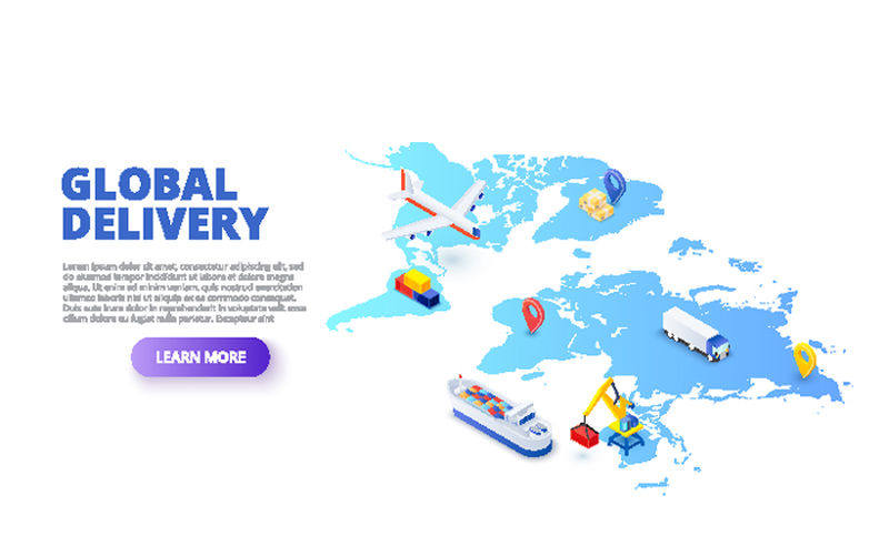 全球交付概念-包括地图、飞机和油轮-等距矢量图-web的登录页模板