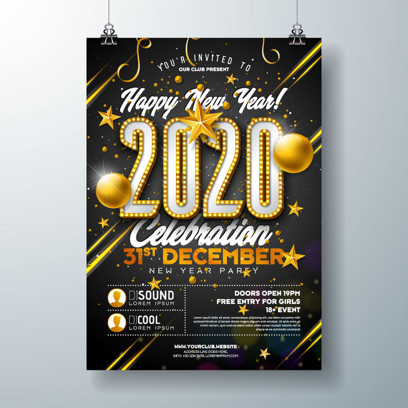 2020年新年派对庆祝海报模板插图-灯泡编号和黑色背景金色圣诞球-矢量假日高级邀请传单或促销横幅
