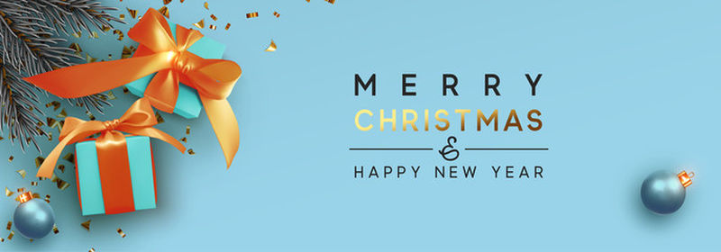 圣诞横幅-背景圣诞灯饰设计闪闪发光-有逼真的礼品盒-黑色雪花和金光闪闪的五彩纸屑-横向圣诞海报、贺卡、标题、网站