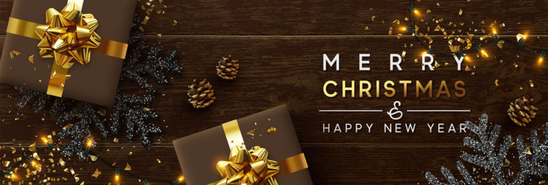 圣诞横幅-背景圣诞灯饰设计闪闪发光-有逼真的礼品盒-黑色雪花和金光闪闪的五彩纸屑-横向圣诞海报、贺卡、标题、网站