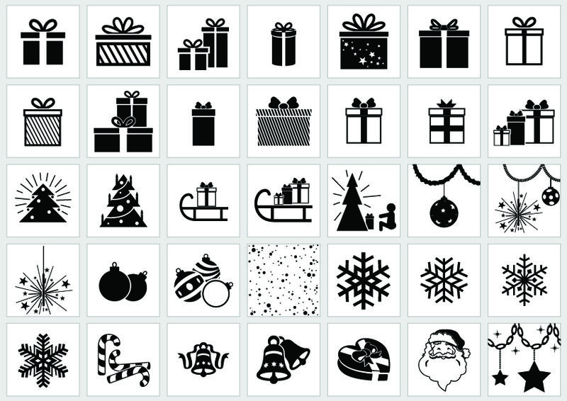固体矢量图标集-圣诞树矢量-礼物-球-花环-景观-房子-雪橇-冬青-花环-出售