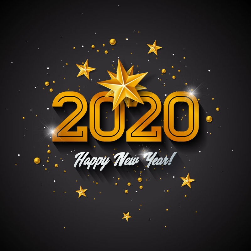 2020年新年快乐-黑色背景上有印刷字体、金色剪纸星星和装饰球-高级贺卡、派对邀请或促销的矢量假日设计