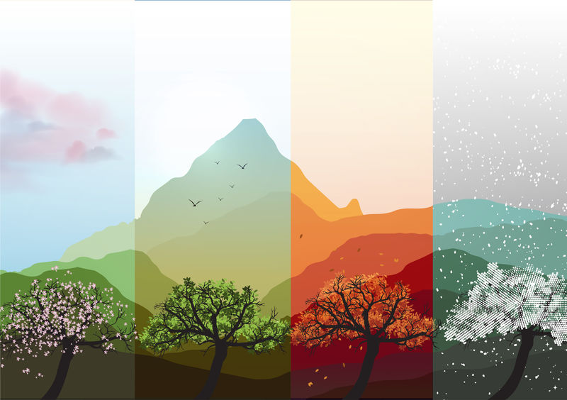 四季横幅春、夏、秋、冬-有抽象的树和山-矢量图