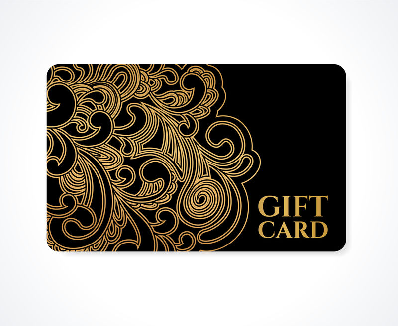 礼品卡（折扣卡、名片、礼品券、电话卡）-带金色花朵（卷轴）、漩涡图案（窗花）-电话卡、代金券、请柬、机票的黑色背景设计-矢量