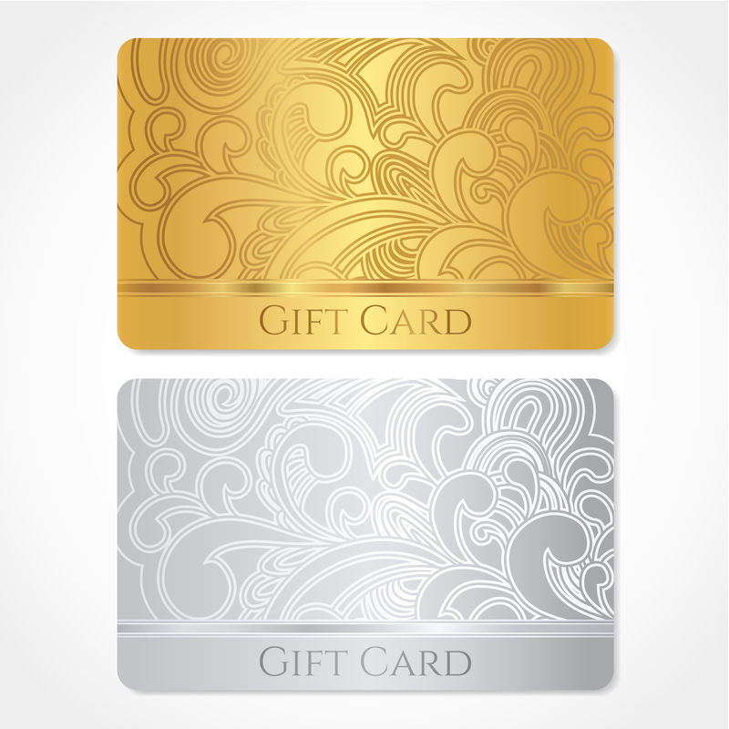 金银礼品卡（折扣卡、名片）-带花（卷轴、漩涡形状）图案（花饰）-礼品券、礼券、请柬、门票等载体的背景设计