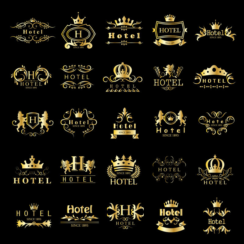 酒店标识设置-黑色背景隔离-矢量插图-平面设计-用于Web、网站、应用程序、打印、演示模板、移动应用程序和促销材料