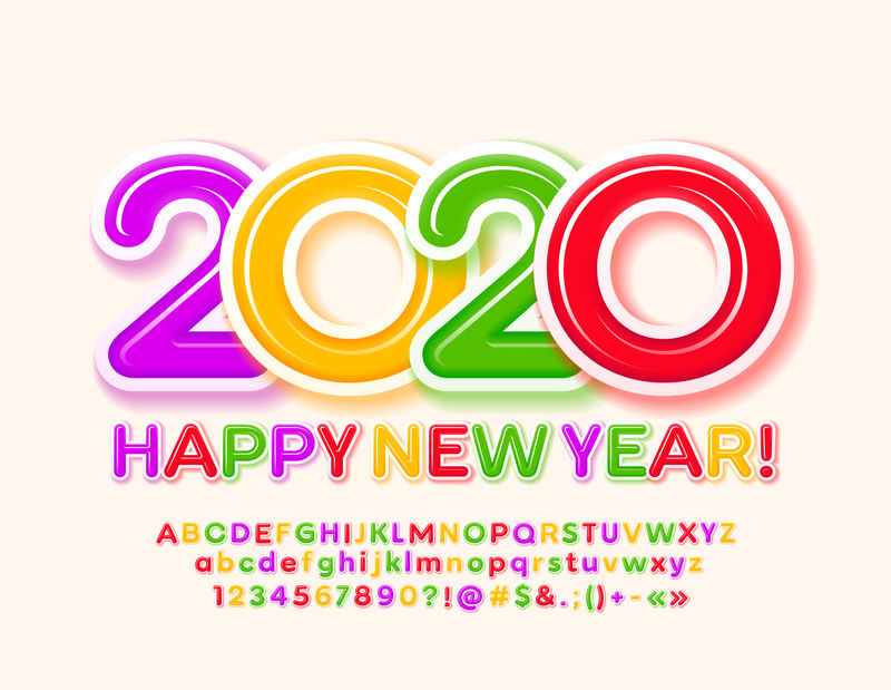 矢量儿童贺卡2020新年快乐-明亮的儿童字体-彩色字母和数字