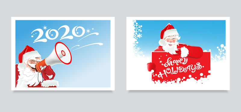 你设计的圣诞卡-两张可爱的图片-蓝色背景上是快乐的圣诞老人-字母-2020快乐假期-设计模板：年画、横幅、海报、请柬
