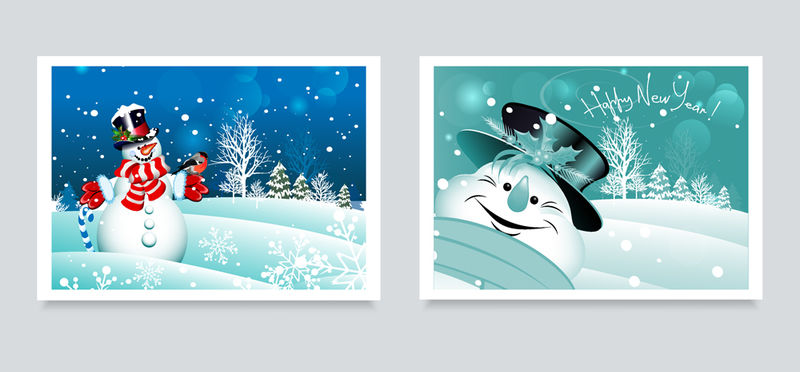 圣诞冬天森林背景上的快乐雪人-圣诞卡-两张可爱的蓝色雪人图片-设计模板：年画、横幅、海报、请柬