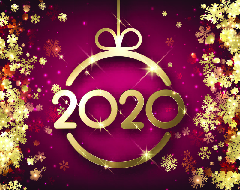 带金色雪花和抽象平面圣诞球的2020年新年紫色卡片-矢量背景