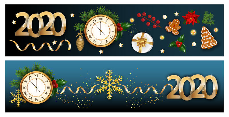 新年和圣诞节的横幅-边界-装饰元素时钟-2020年-冬青浆果-一品红-雪花-饼干-礼品盒和圣诞树装饰-圣诞节背景-矢量图解