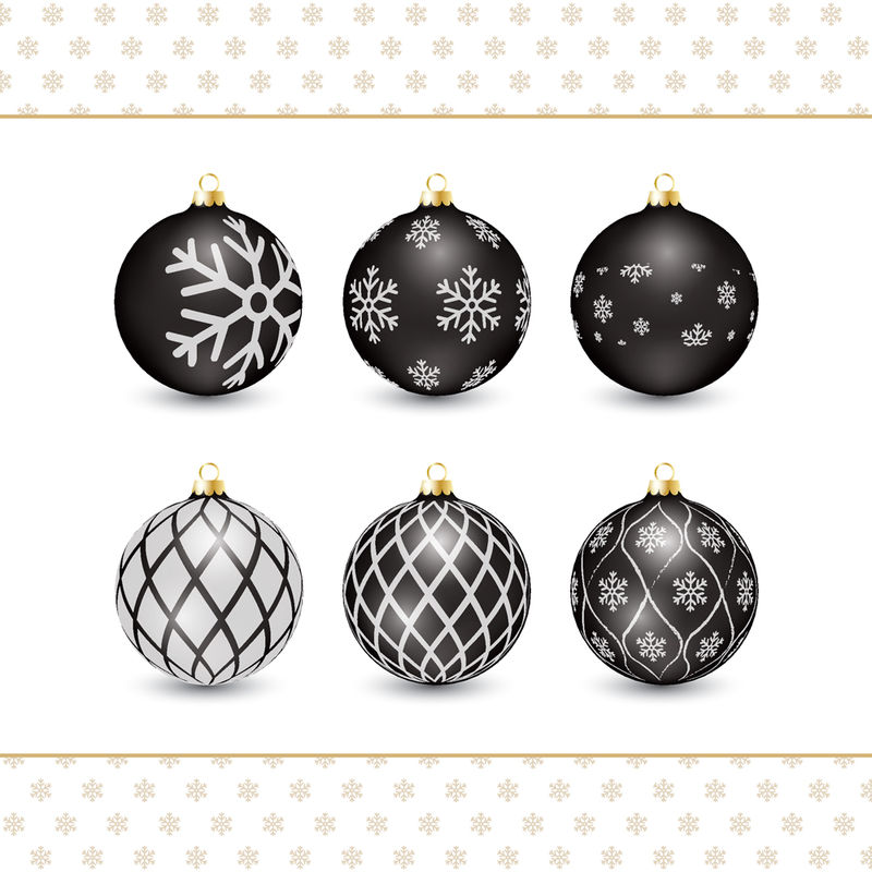黑色矢量圣诞树装饰与白色装饰-金色的雪花图案