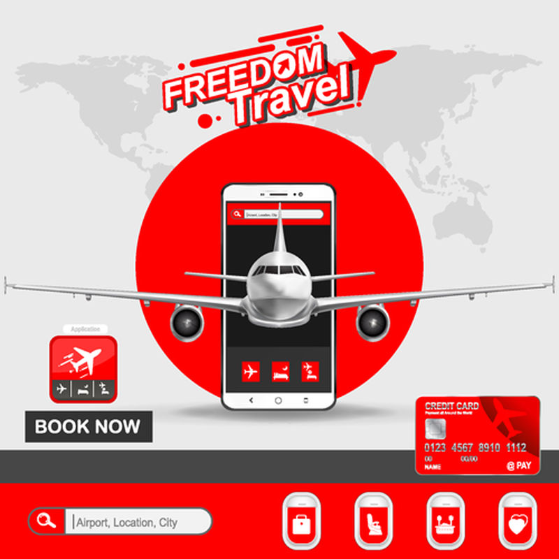 通过使用手机或网站在线预订机票和登机牌、横幅宣传背景概念的自由旅行假日矢量