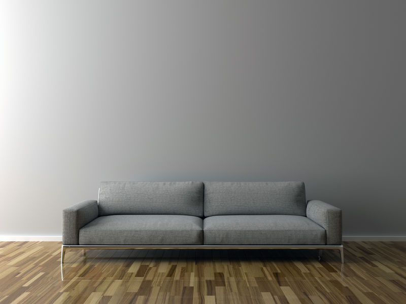 带沙发的空房间中的空白墙，3D插图
