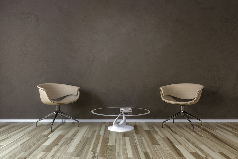 斯堪的纳维亚极简主义背景-人字形自然拼花地板上的白色扶手椅-室内设计-3d插图