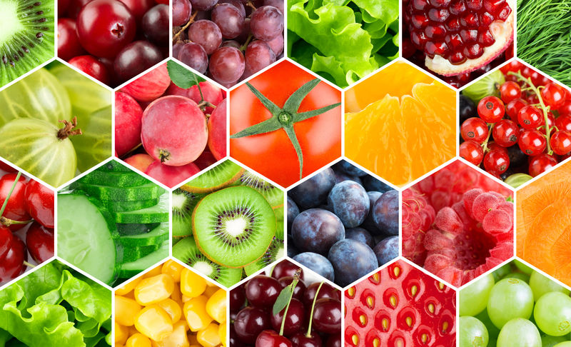 收集水果和蔬菜-鲜彩色食品背景