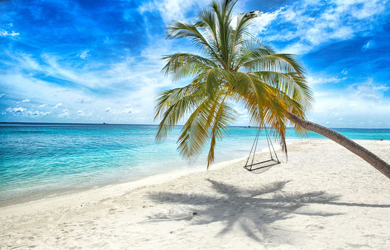 美丽的海滩-白色的沙滩和海边的棕榈树-暑假和假期的概念-鼓舞人心轻松的热带风光