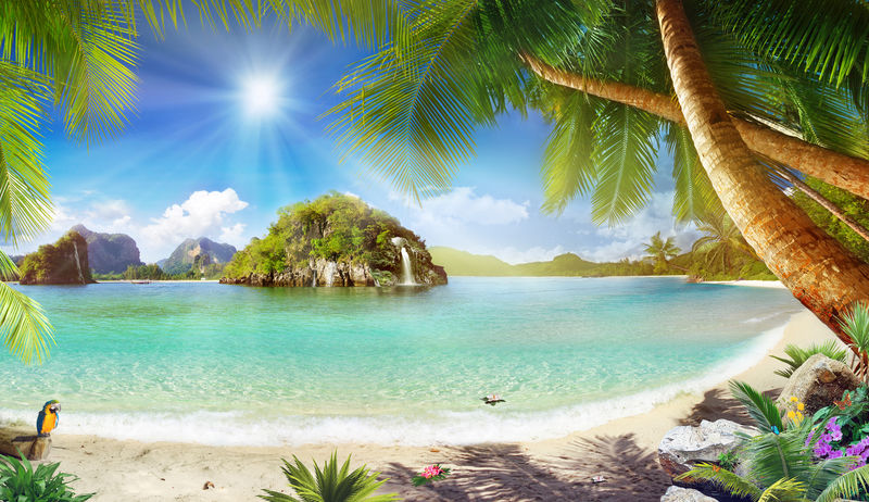 田园诗般的热带海滩-棕榈树-白色的沙滩和清澈的海水-迷人的海滩-背景或墙纸的风景-高涛-泰国