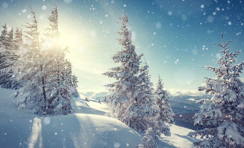 奇妙的冬季景观-阿尔卑斯山冬季森林中壮丽的日落-阳光在雪地里闪闪发光-夕阳下童话森林的风景意象-圣诞节背景