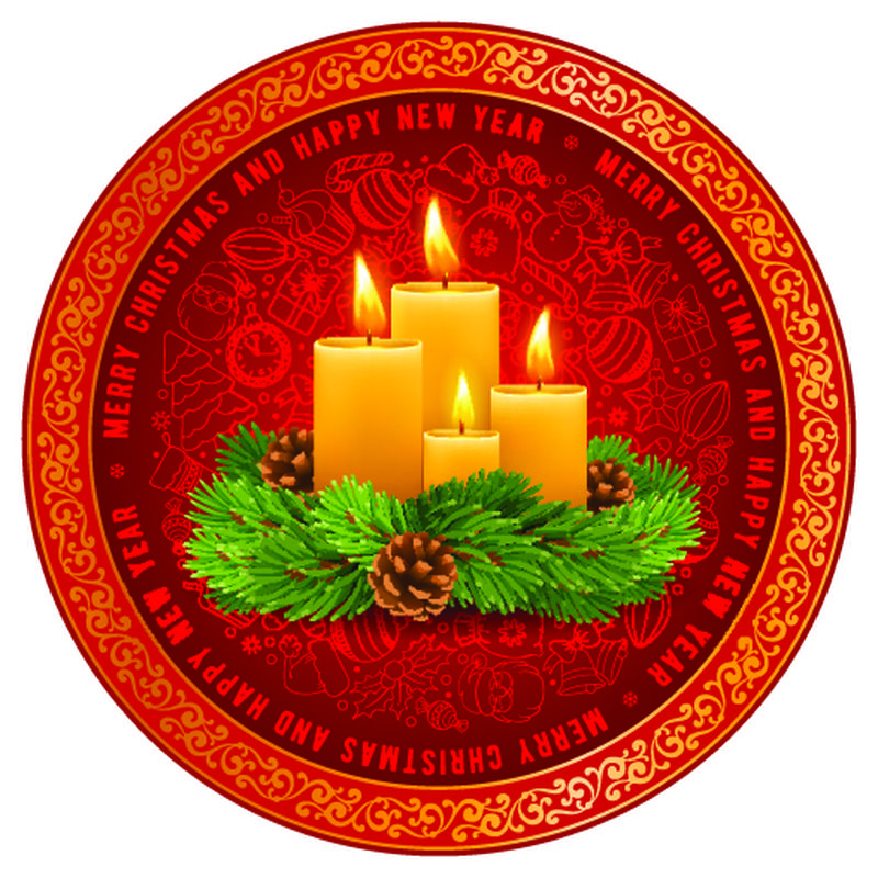 圣诞节的圆形设计-四支圣诞蜡烛-蜡烛上有冷杉树枝和圆锥体-还有许多喜庆的物品-都是红色背景下的手绘线条艺术-矢量图解
