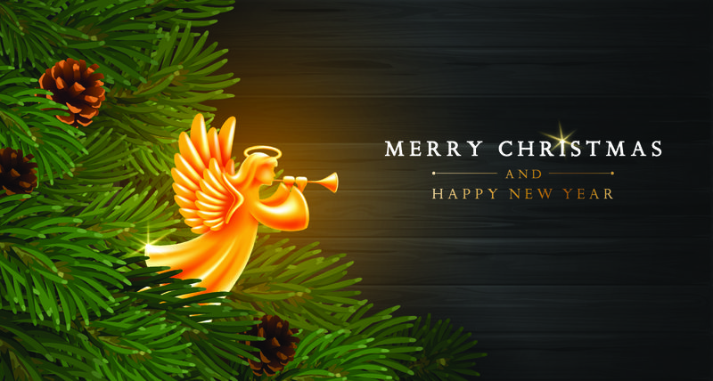 圣诞快乐和新年快乐贺卡模板-金色天使-翅膀-光环和喇叭在杉木树枝间-深色木质背景上有松果-矢量图解