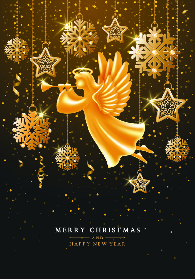 圣诞快乐和新年快乐贺卡模板-金色天使形象-翅膀-光环和喇叭-在雪花-星星和亮片之间飞行-优雅的黑暗背景-矢量