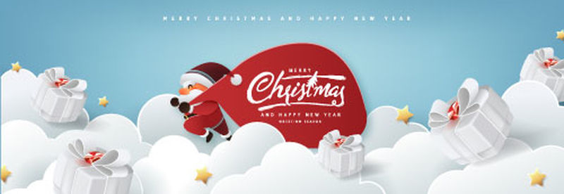 圣诞老人带着一个大包在白色的云彩背景下奔走送圣诞礼物-圣诞快乐文字书法字体矢量插图